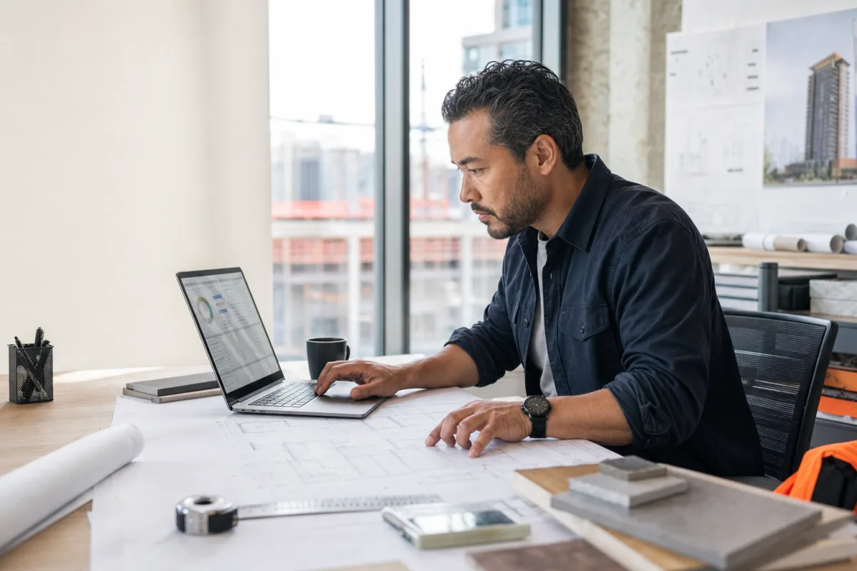 Canadian construction estimator reviewing blueprints and project costs