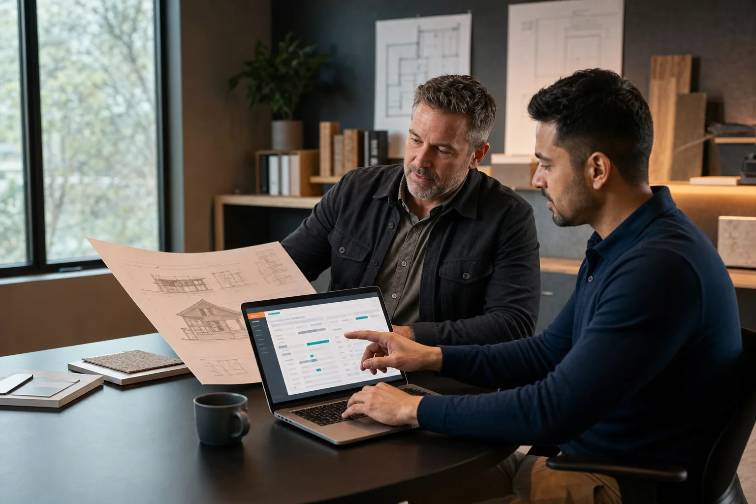 A contractor reviewing project drawings during a METIOR.PRO software demonstration