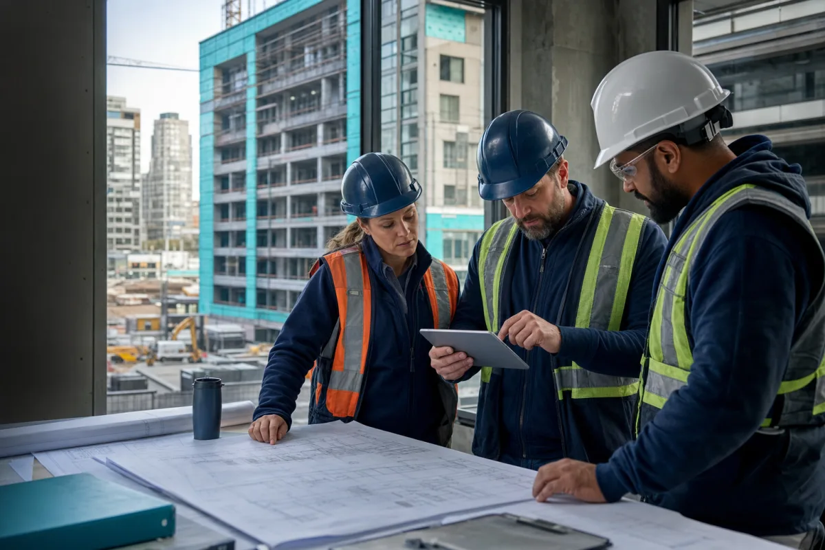 Contractor team reviewing estimates and project plans together