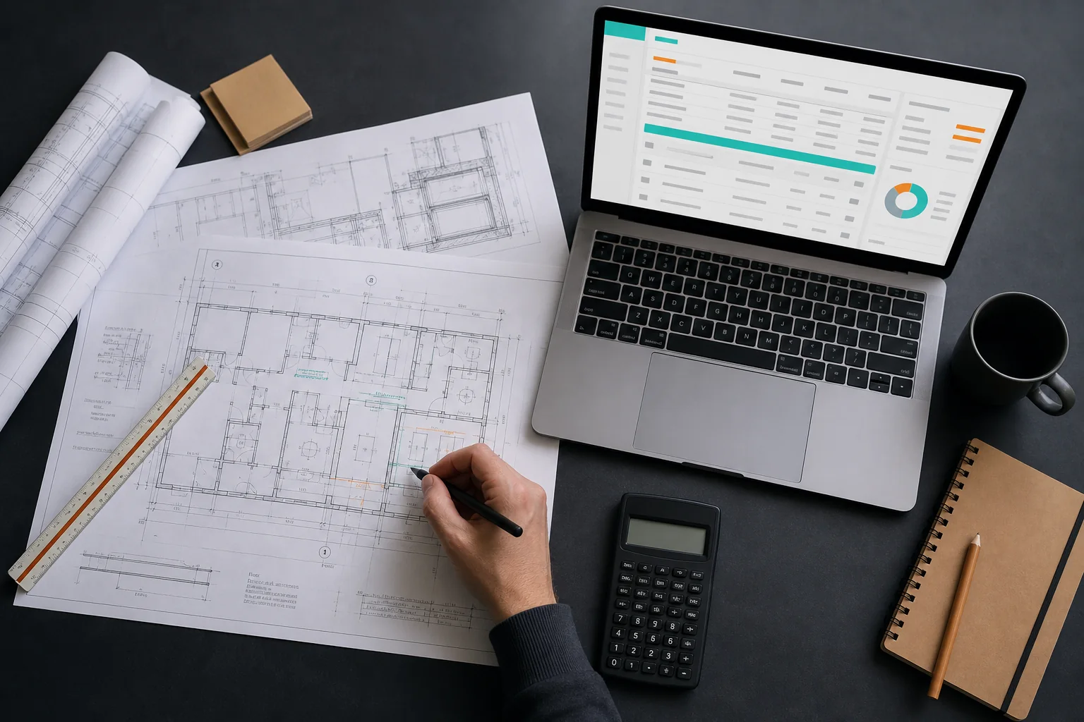Construction drawings beside an estimating dashboard during template setup